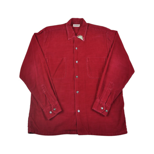 Vintage Y2K Corduroy Shirt Flower Embroidered Long Sleeved Red Ladies Medium