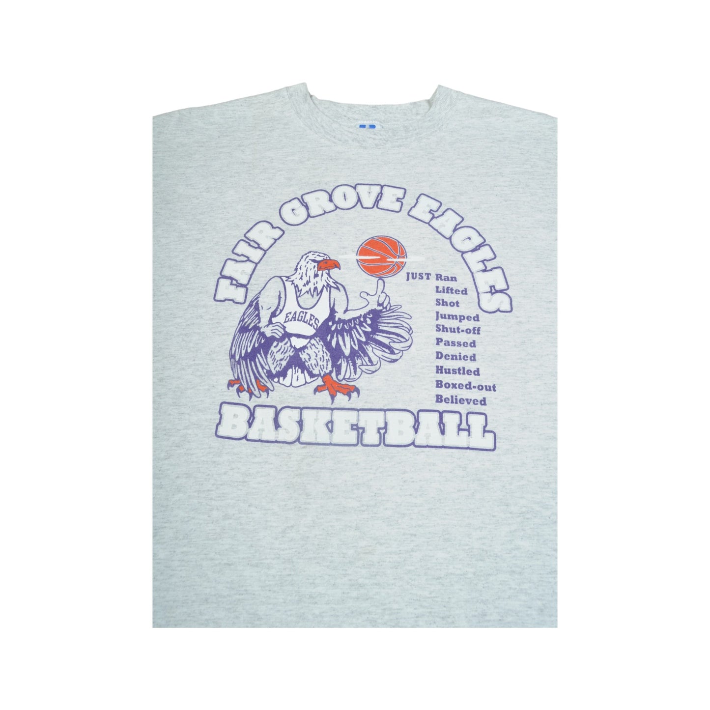 Vintage Russell Athletic Fair Grove Eagles Basketball Print Single Stitch T-Shirt Grey Medium
