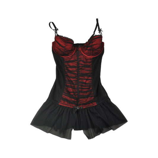 Y2K Smocked Corset Dress Top Red/Black Medium