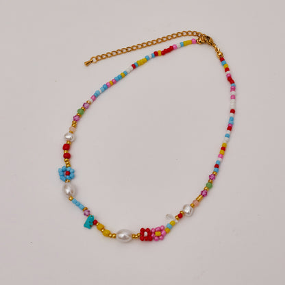 Beaded Necklace  Pearl and Flower Charm Colourful
