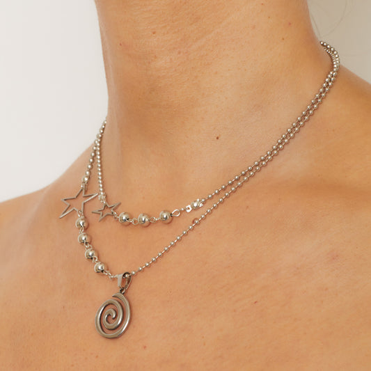 Charm Necklace Spiral and Star Layered Ball Chain