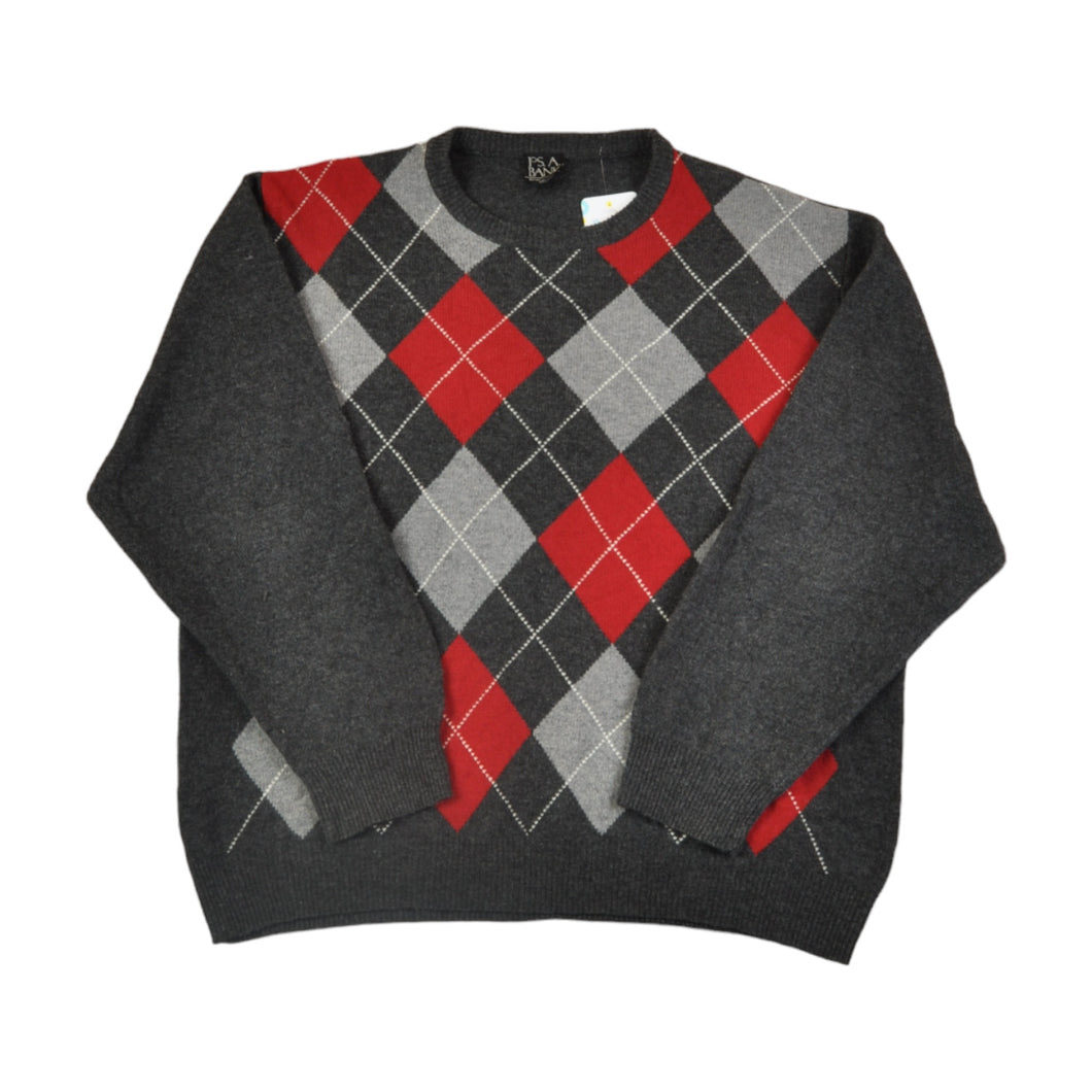 Vintage Knitted Jumper Retro Argyle Pattern Red/Grey XXL