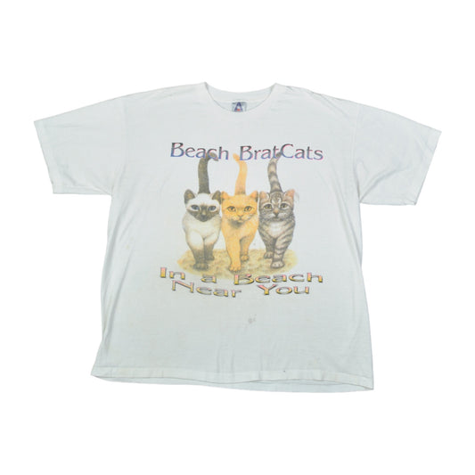 Vintage Beach Brat Cats Single Stitch T-Shirt White Large