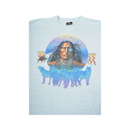 Vintage Native American Print Single Stitch T-Shirt Grey XL