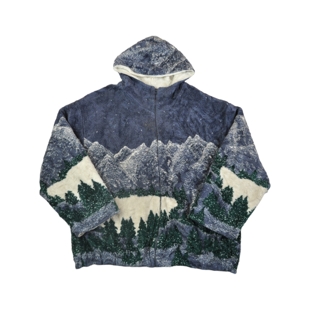 Vintage Fleece Hooded Jacket Winter Mountain Print XL