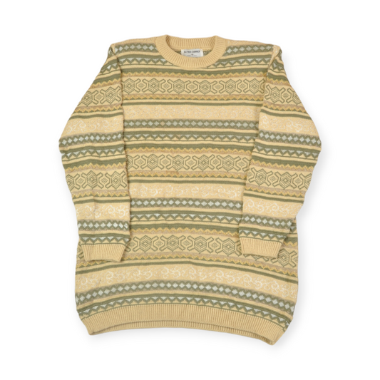 Vintage Knitted Jumper Retro Pattern Cream/Green Ladies Medium