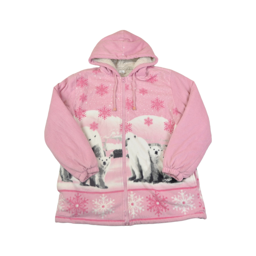 Vintage Fleece Hooded Jacket Polar Bear Print Pink Ladies Small