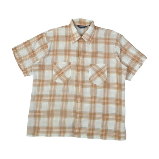 Vintage Shirt Check Pattern Short Sleeve Beige Large