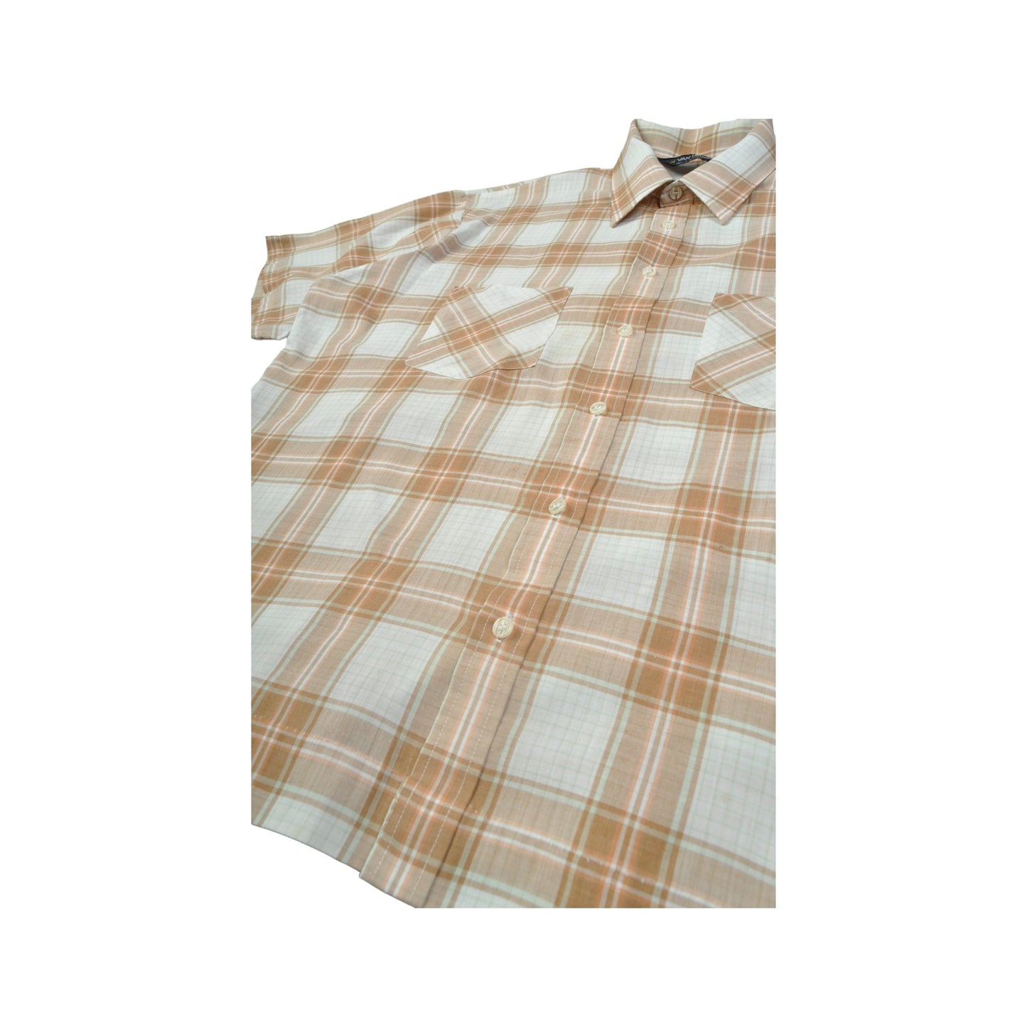 Vintage Shirt Check Pattern Short Sleeve Beige Large