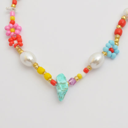 Beaded Necklace  Pearl and Flower Charm Colourful