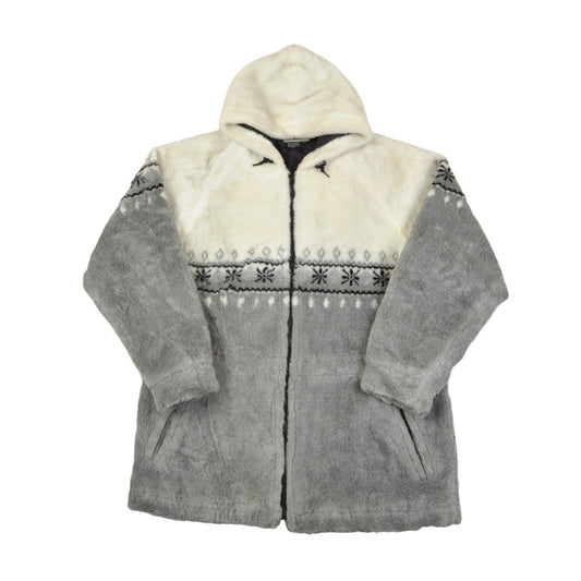 Vintage Fleece Hooded Jacket Retro Pattern Grey/White Ladies Large