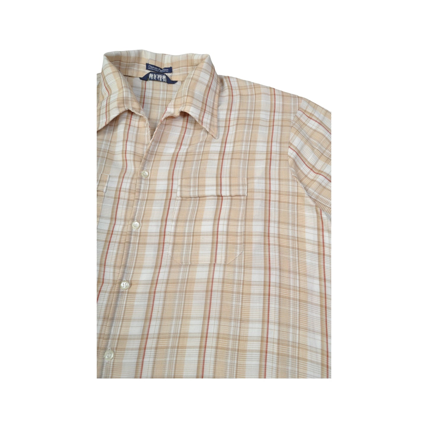 Vintage Shirt Check Pattern Short Sleeve Beige XL