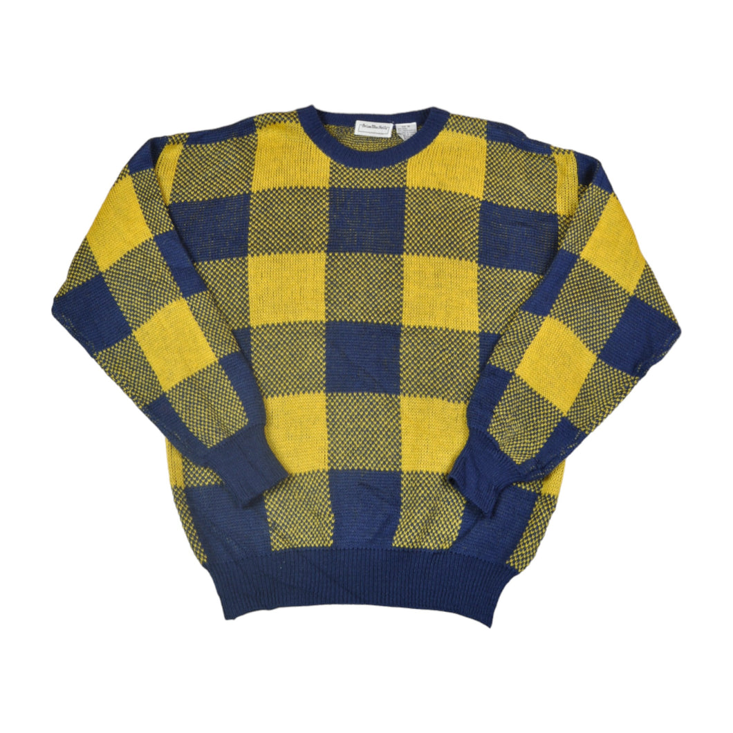 Vintage Knitwear Sweater Retro Checked Pattern Yellow/Blue Medium