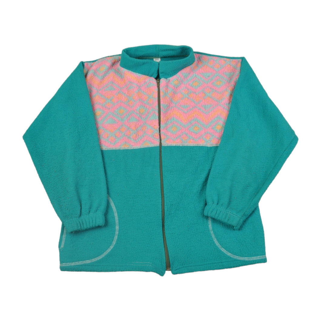 Vintage Fleece Jacket Retro Pattern Green/Pink Ladies XS