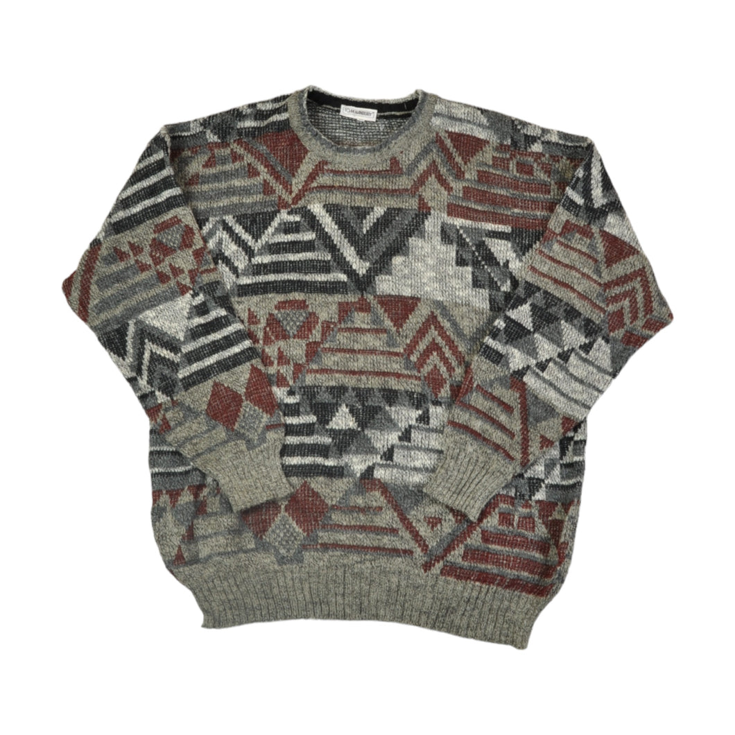 Vintage Knitted Jumper Retro Pattern Grey/Red Medium