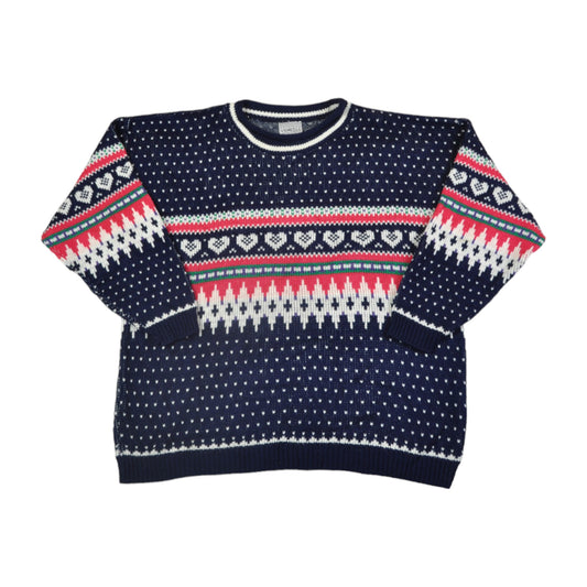 Vintage Knitwear Sweater Retro Pattern Navy Ladies XL