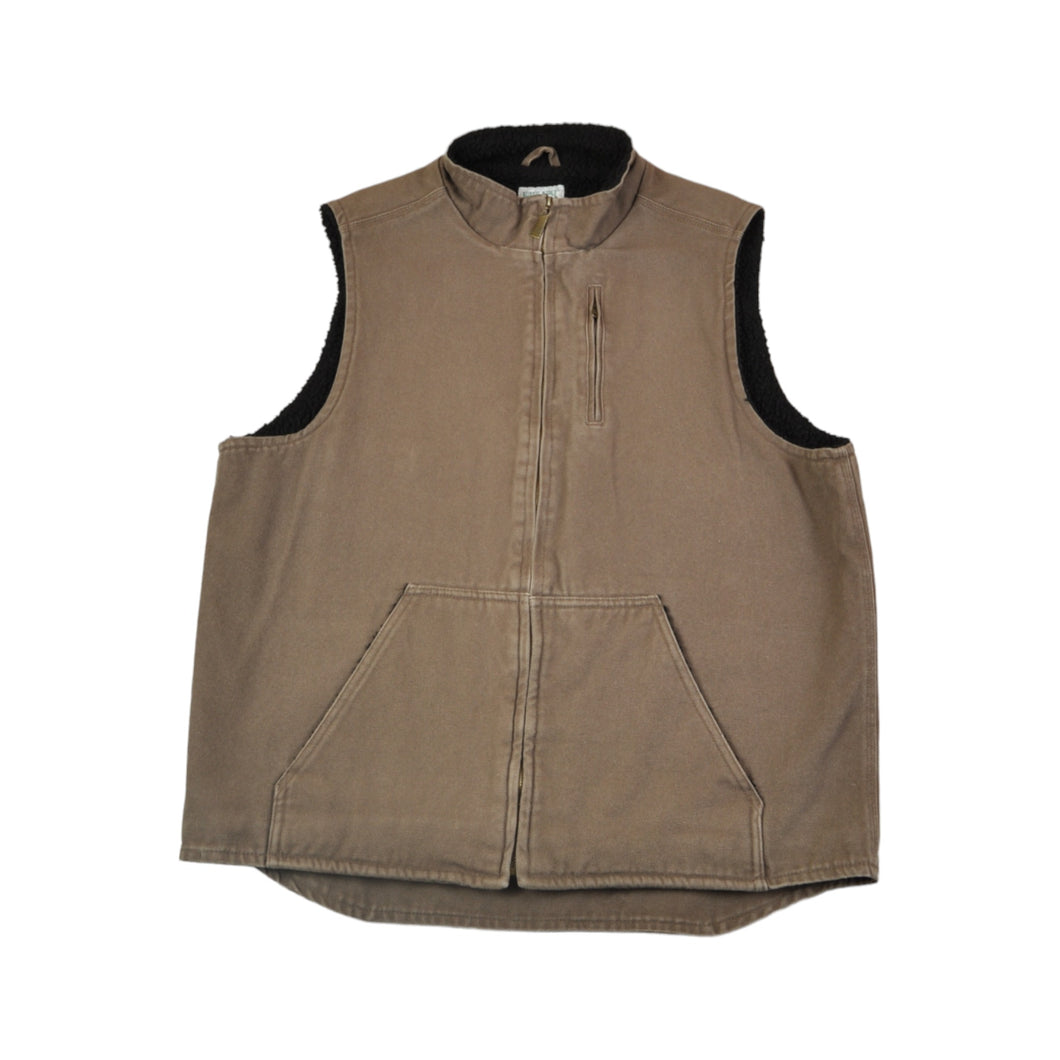 Vintage Workwear Vest Gilet Canvas Jacket Sherpa Lined Brown XL