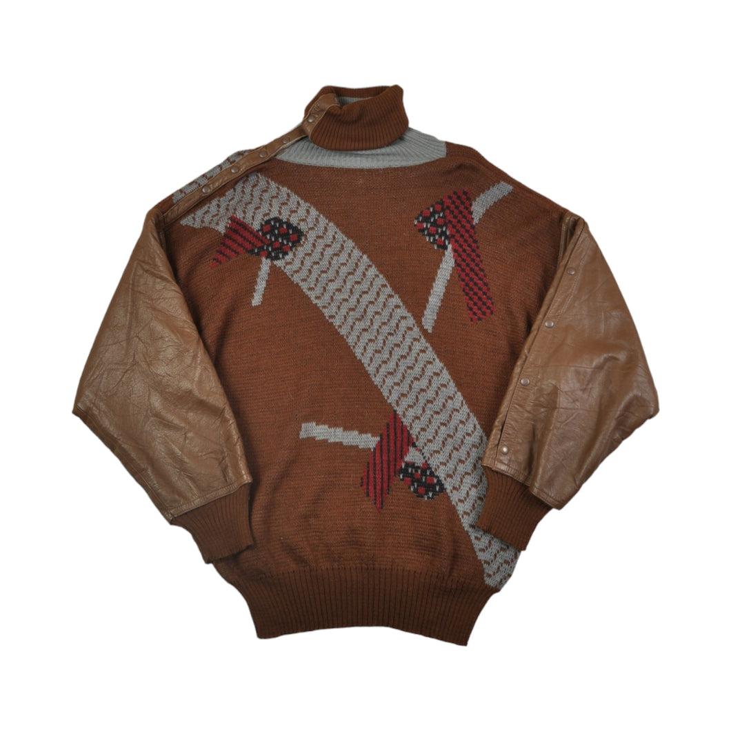 Vintage Knitwear Sweater Leather Sleeves Retro Pattern Brown Large