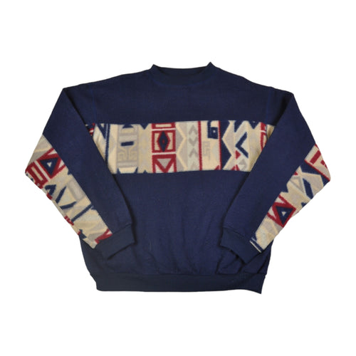 Vintage Fleece Sweater Retro Pattern Navy Ladies Medium