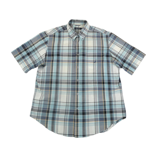 Vintage Nautica Shirt Short Sleeved Checked Pattern Blue XL