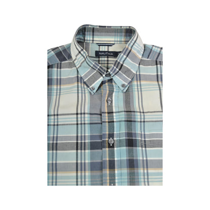 Vintage Nautica Shirt Short Sleeved Checked Pattern Blue XL