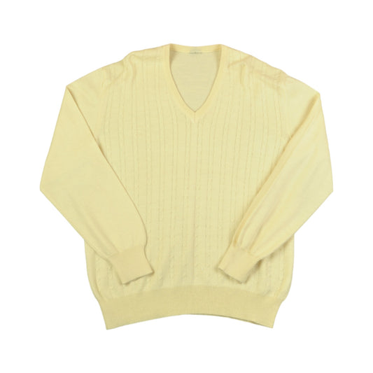 Vintage Knitwear V-Neck Sweater Retro Pattern Yellow Large