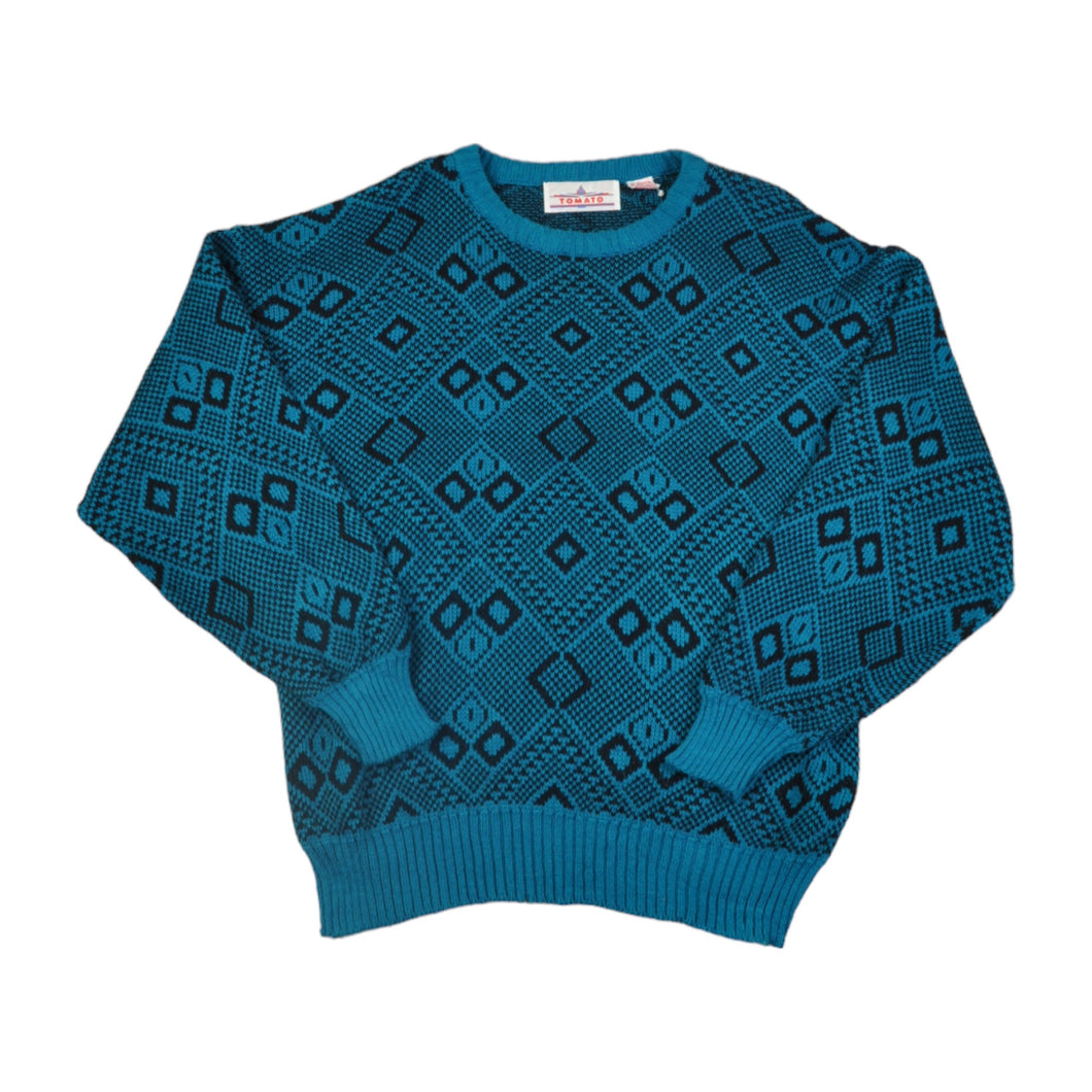 Vintage Knitwear Sweater Retro Pattern Blue/Black Ladies Large