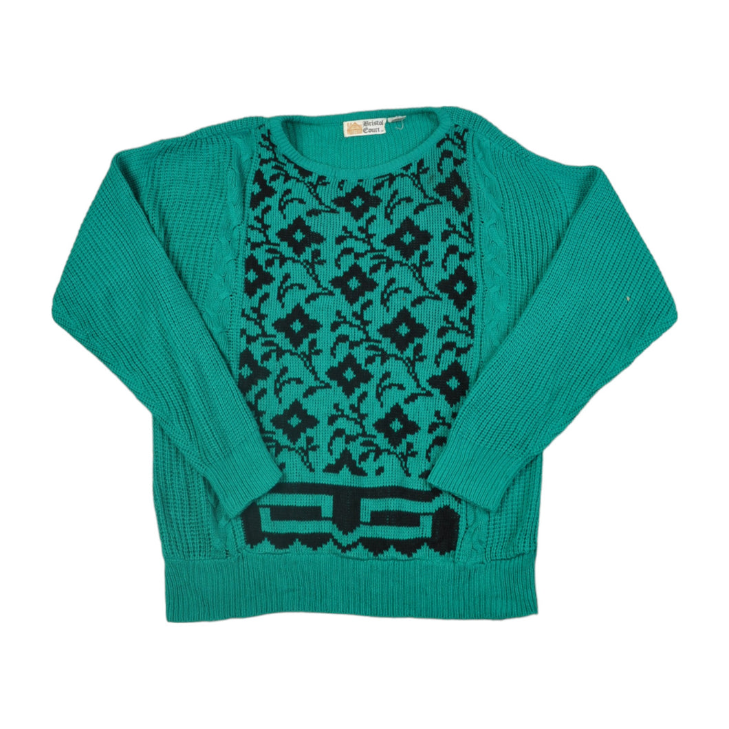 Vintage Knitwear Sweater Retro Pattern Green/Black Ladies Large