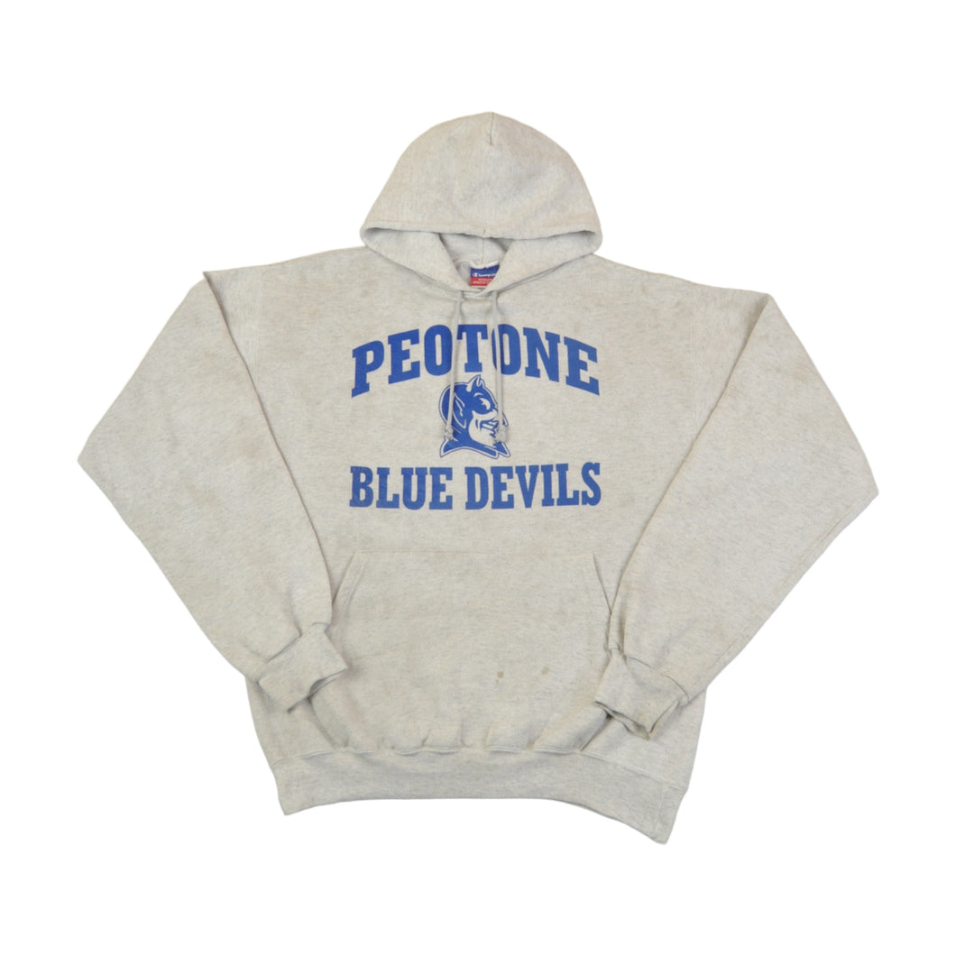Vintage Champion Peotone Blue Devils Hoodie Sweatshirt Grey Medium
