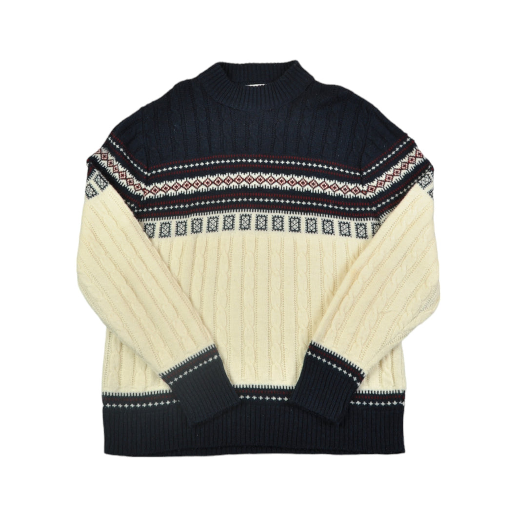 Vintage Knitwear Roll Neck Sweater Retro Pattern Navy/Cream Medium