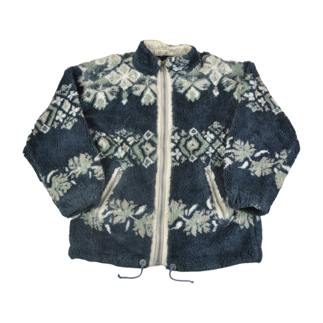 Vintage Sherpa Fleece Jacket Retro Pattern Blue Small