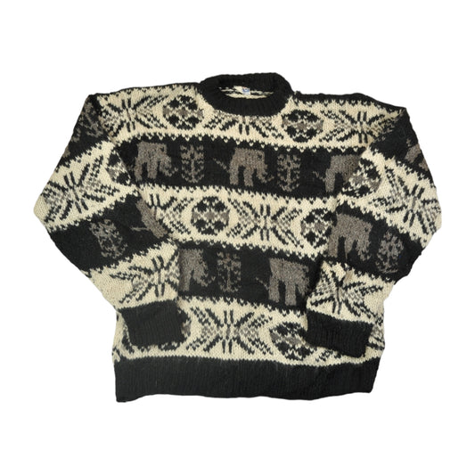 Vintage Knitwear Wool Sweater Scandi Elephant Pattern Black/White Large