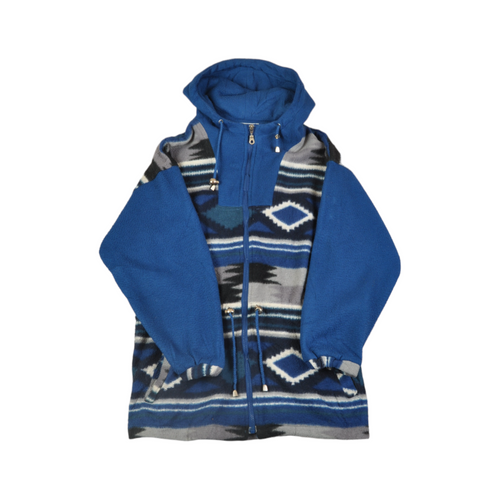 Vintage Fleece Hooded Jacket Retro Aztec Pattern Blue Ladies Small