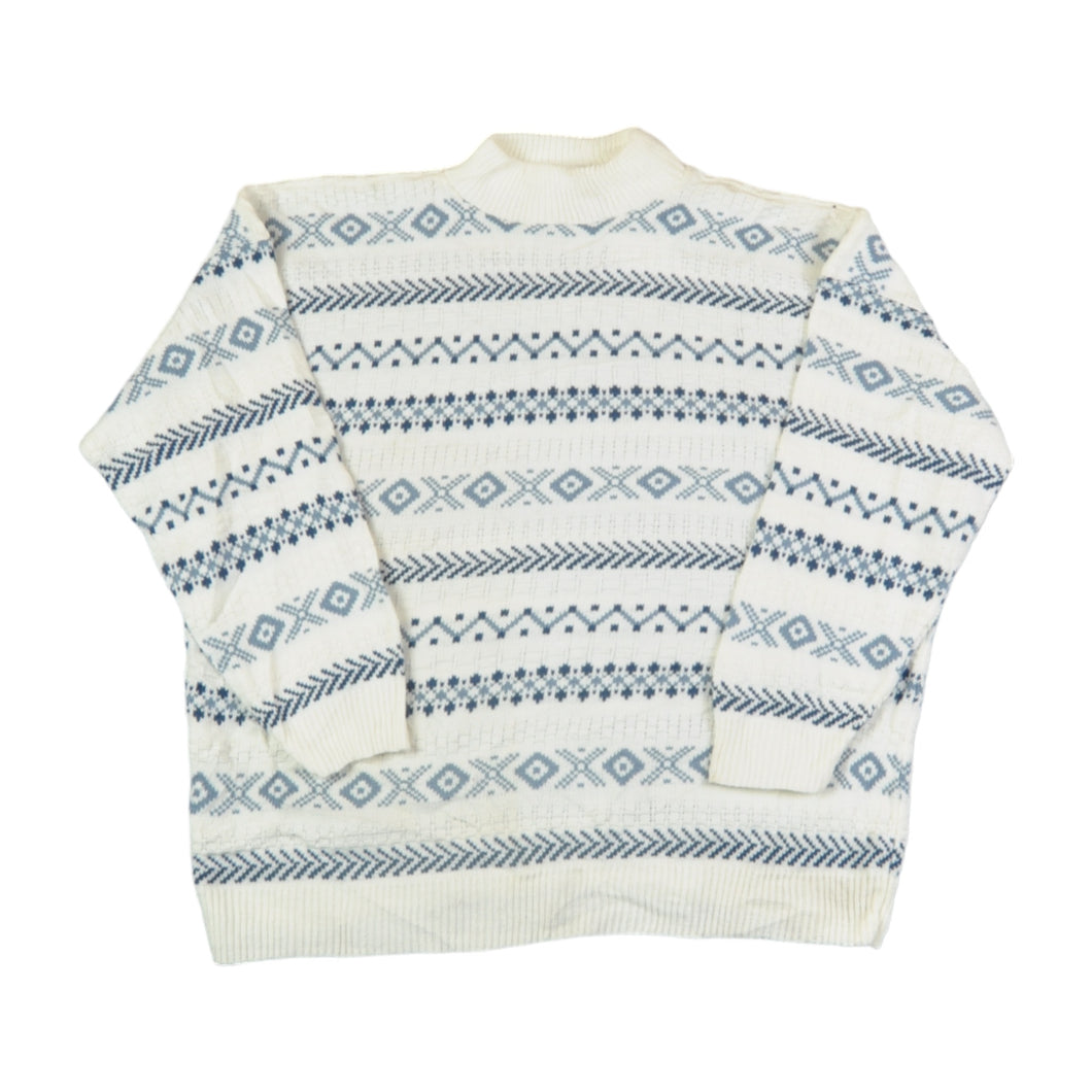 Vintage Knitted Jumper Retro Pattern White/Blue Ladies XXL