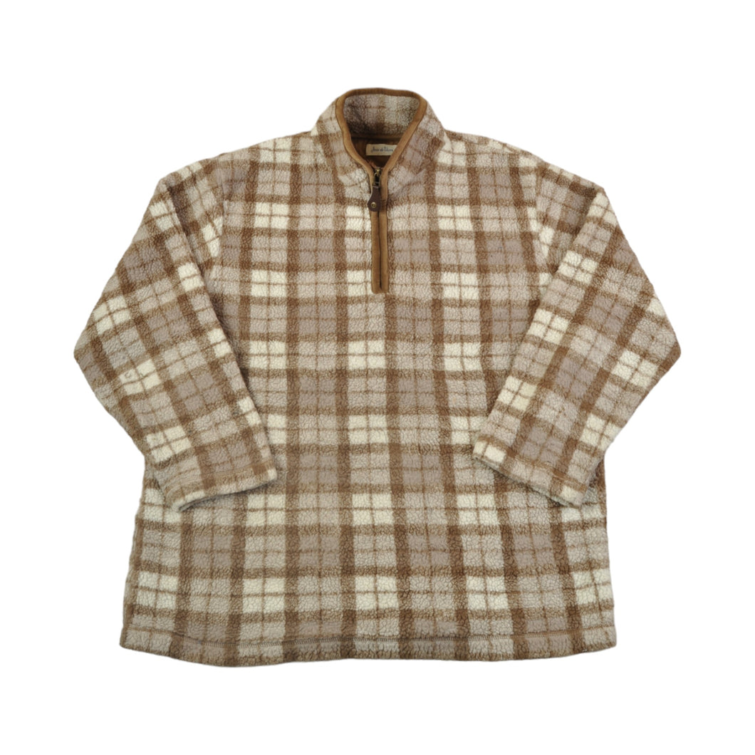 Vintage Fleece 1/4 Zip Retro Check Pattern Brown Ladies XL