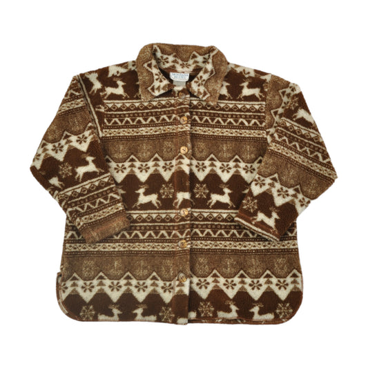 Vintage Fleece Jacket Retro Pattern Brown Ladies XS
