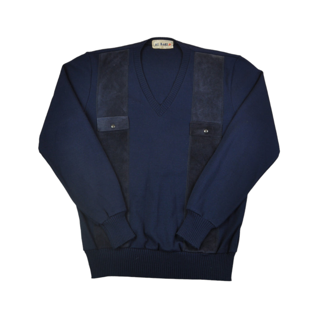 Vintage 80s V-Neck Knitwear Sweater Blue Medium