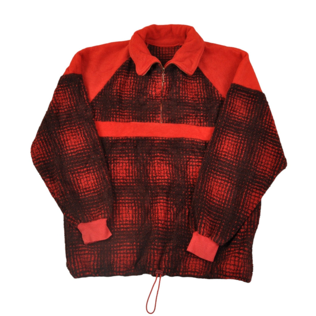 Vintage Fleece 1/4 Zip Retro Check Pattern Red Medium
