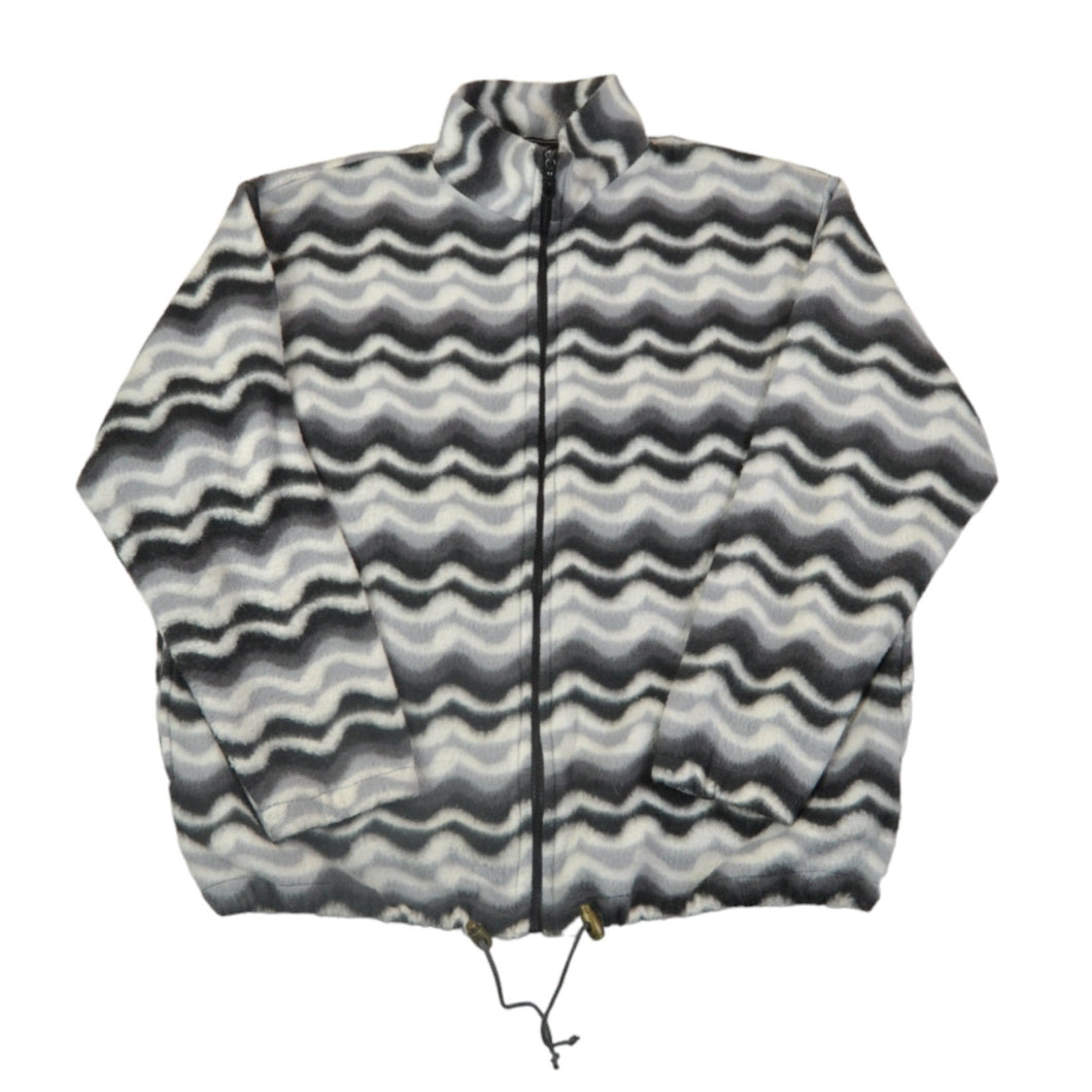 Vintage Fleece Jacket Retro Wavy Pattern Grey Small