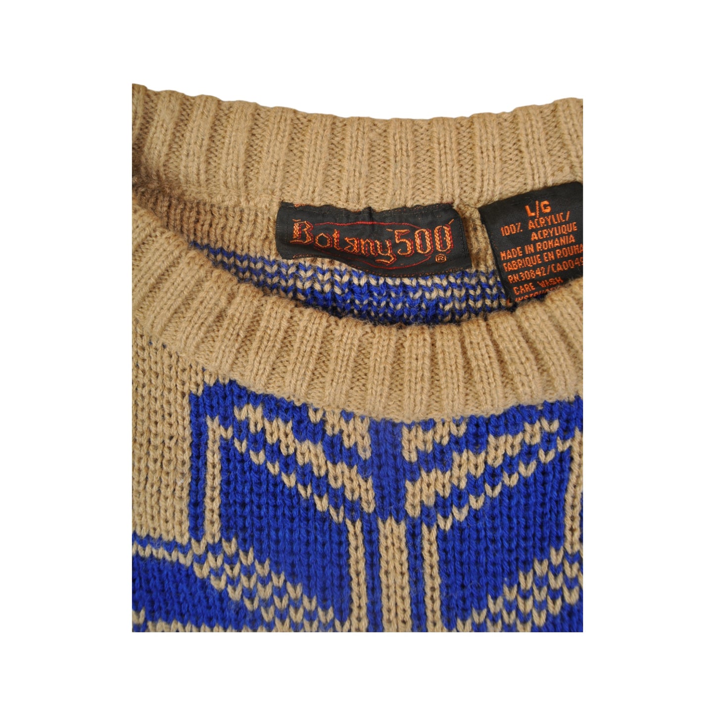 Vintage Knitted Jumper Retro Pattern Tan/Blue Large