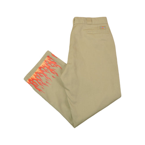 Vintage C.V. Worldwide Reworked Dickies Pants Flame Print Tan W38 L29