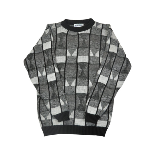 Vintage Knitted Jumper Retro Pattern Grey/Black Small