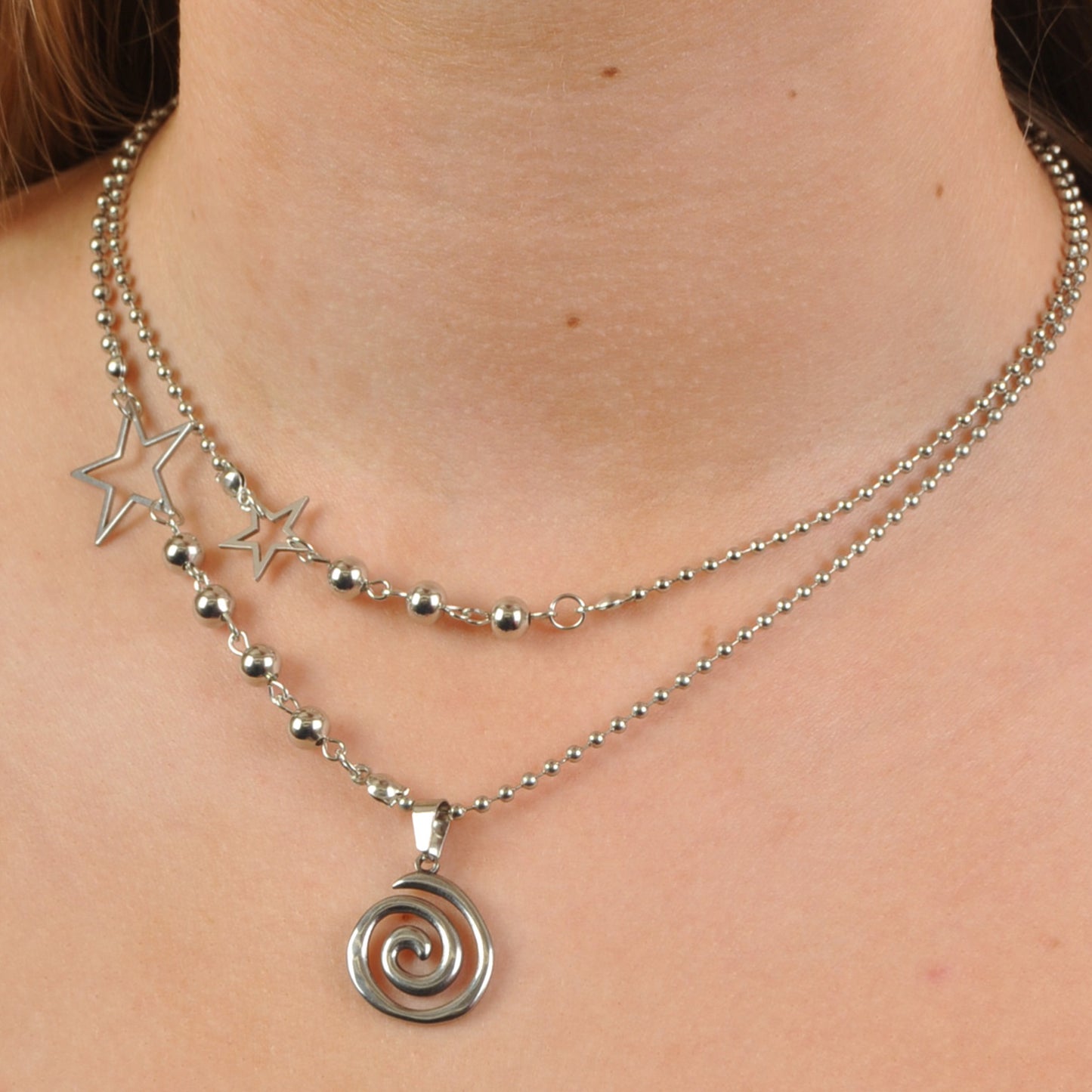 Charm Necklace Spiral and Star Layered Ball Chain