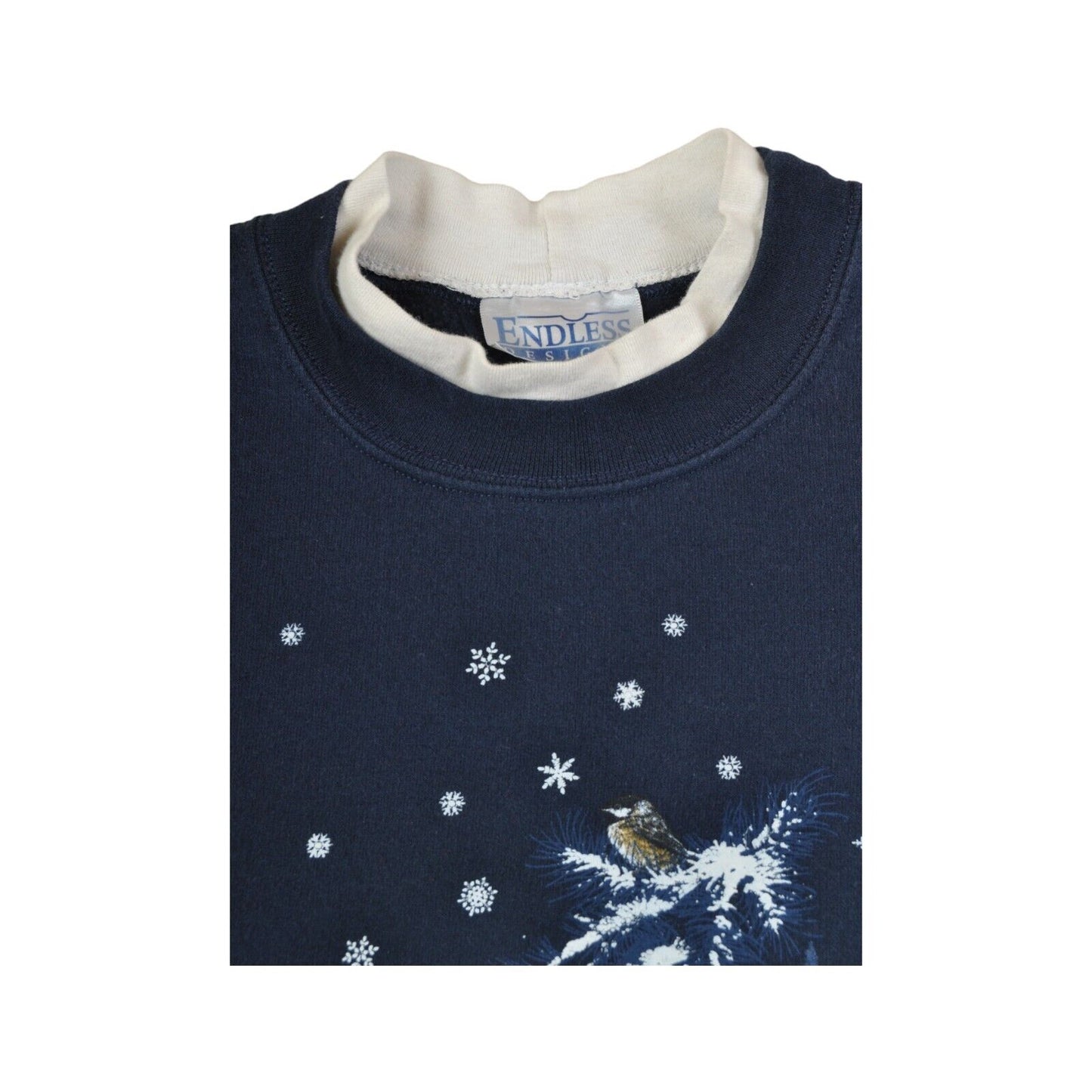 Vintage Christmas Sweatshirt Snowing Bird Print Navy Ladies Large