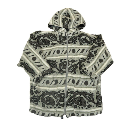 Vintage Fleece 3/4 Sleeves Hooded Jacket Retro Pattern Grey Ladies Small