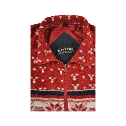 Vintage Fleece Jacket Retro Snowflake Print Red Ladies Large